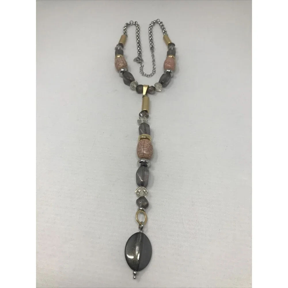 CHICO'S Necklace Chunky Beads Pink Gray Clear Gold Tone Statement